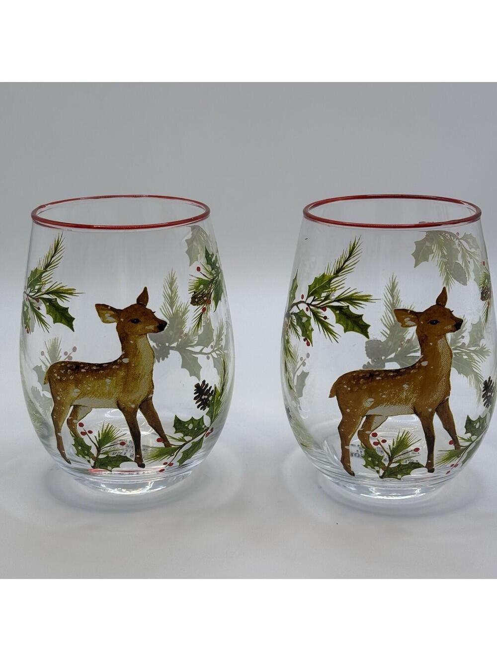 Robert Stanley Deer Stemless Wine Glasses Christmas Pine Holly